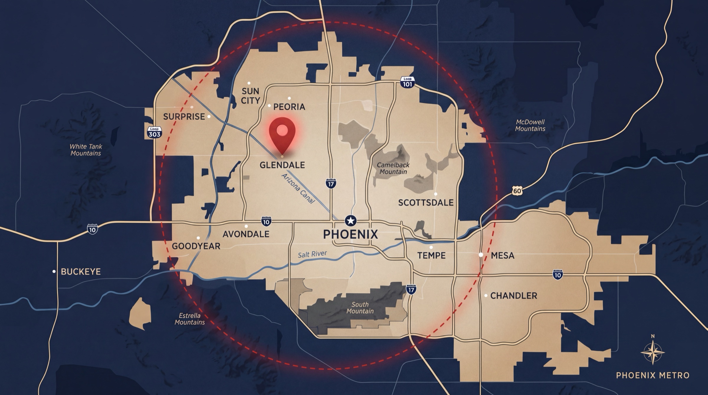 Custom illustrated map of the Phoenix metro service area, with Glendale at the center of a 30-mile service radius