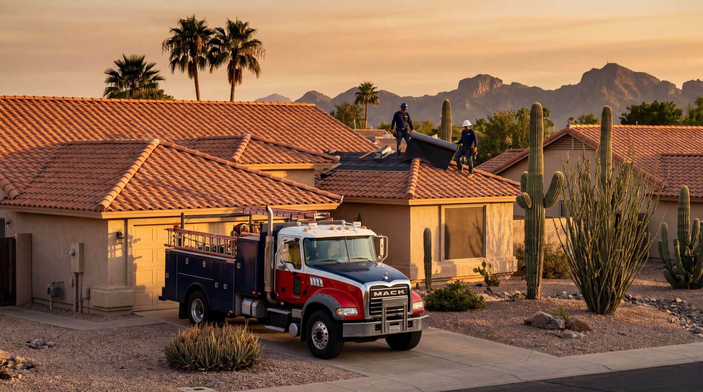Arizona Roof Rescue truck and crew at a Glendale tile-roof home at golden hour