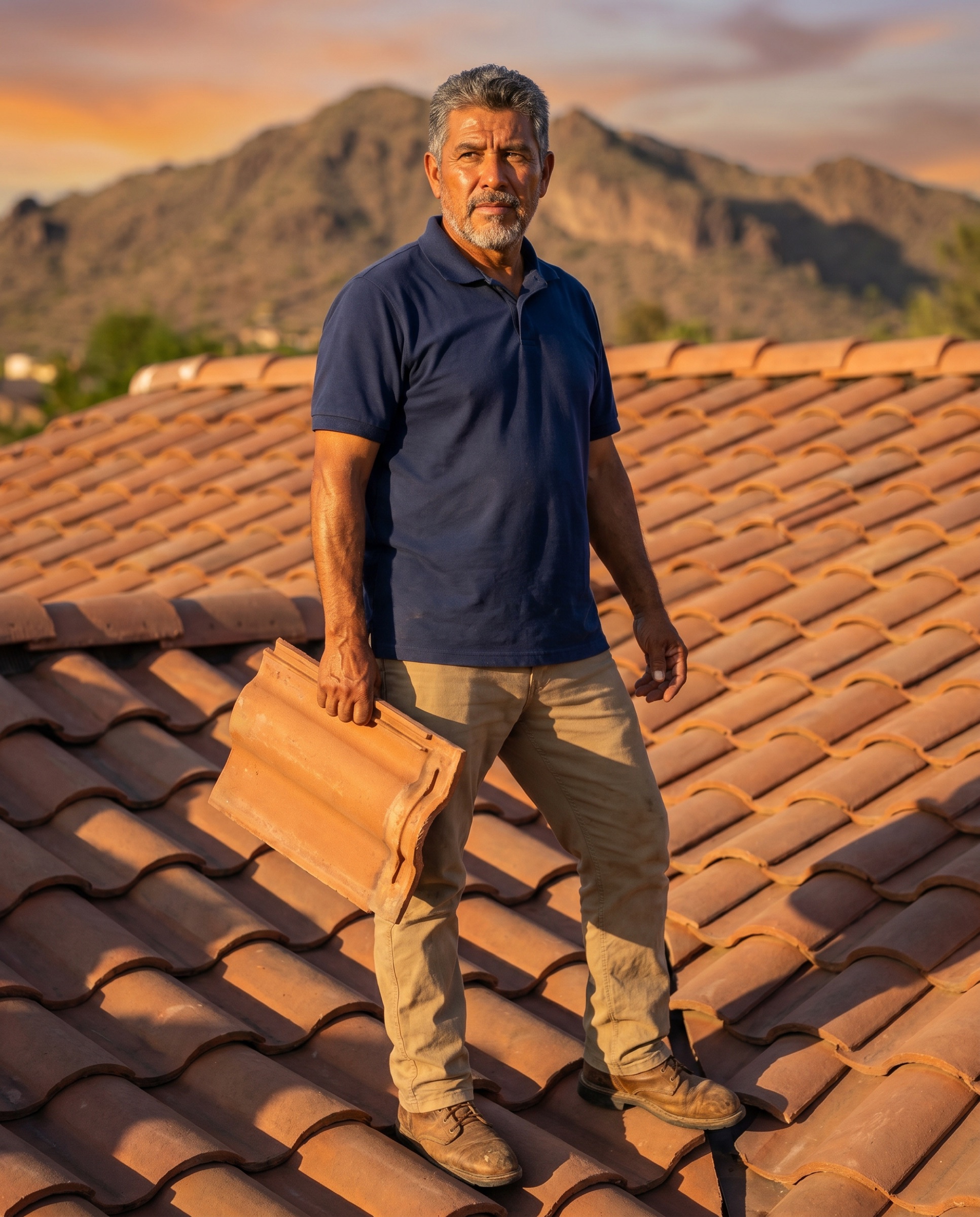 Alan Monzon, Arizona Roof Rescue owner, on a clay tile roof in Phoenix at golden hour